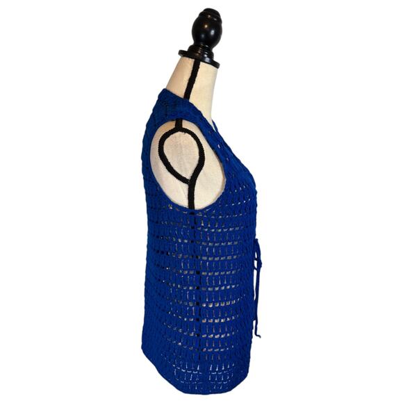 VTG Full Fashioned Designed For Gals Blue Crochet Vest Tie Front Women's Size 38 - Picture 5 of 6